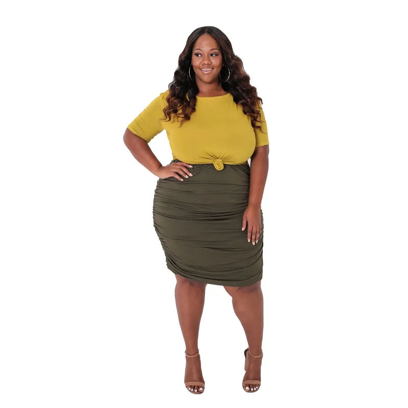 

2pcs/Set Plus Size Women Slim Solid Color Two Piece T-Shirt Skirt Female Suit XL-5XL