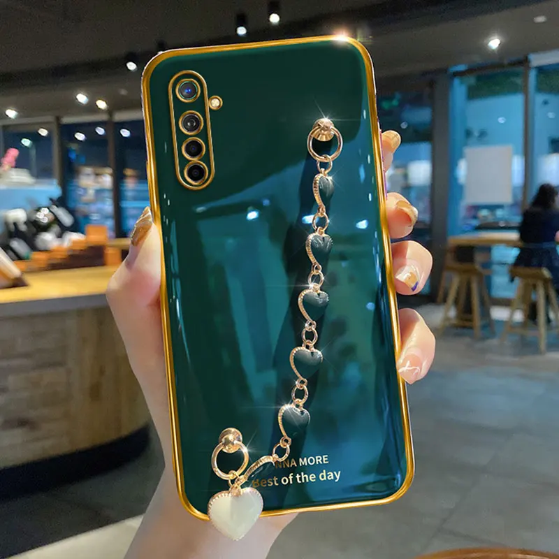wrist chain love heart phone case for oppo realme xt luxury camera protective cover realme x2 x3 superzoom 7 6 pro silicone case free global shipping