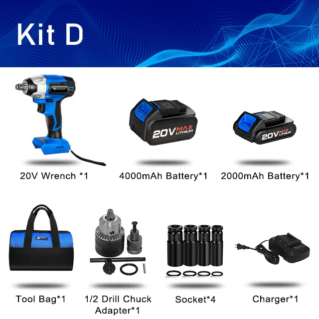 Kit D PROSTOEMER бесщеточный ударопрочный беспроводной ключ, Портативная сумка для инструментов, 1/2 патрон для электрической дрели, 4000 мАч, литиевая батарея, электроинструменты - Цвет: Kit D
