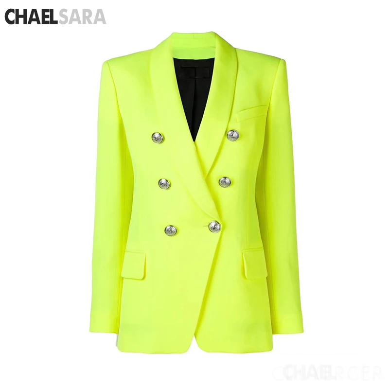 High Quality 2019 Baroque Designer Blazer for Women Ladies Double Breasted Metal Buttons Long Blazer Jacket Neon Yellow