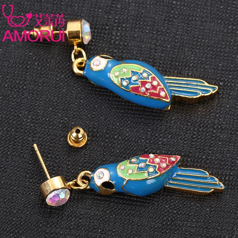 AMORUI Женские Висячие серьги ювелирных изделий синий эмалевый попугай золото Цвет