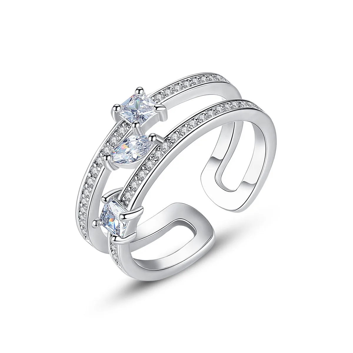 

New Trendy Cubic Zirconia Crystal Silver Double Layer Rings High Quality Cz Open Adjustable Rings For Women And Girls Jewelry