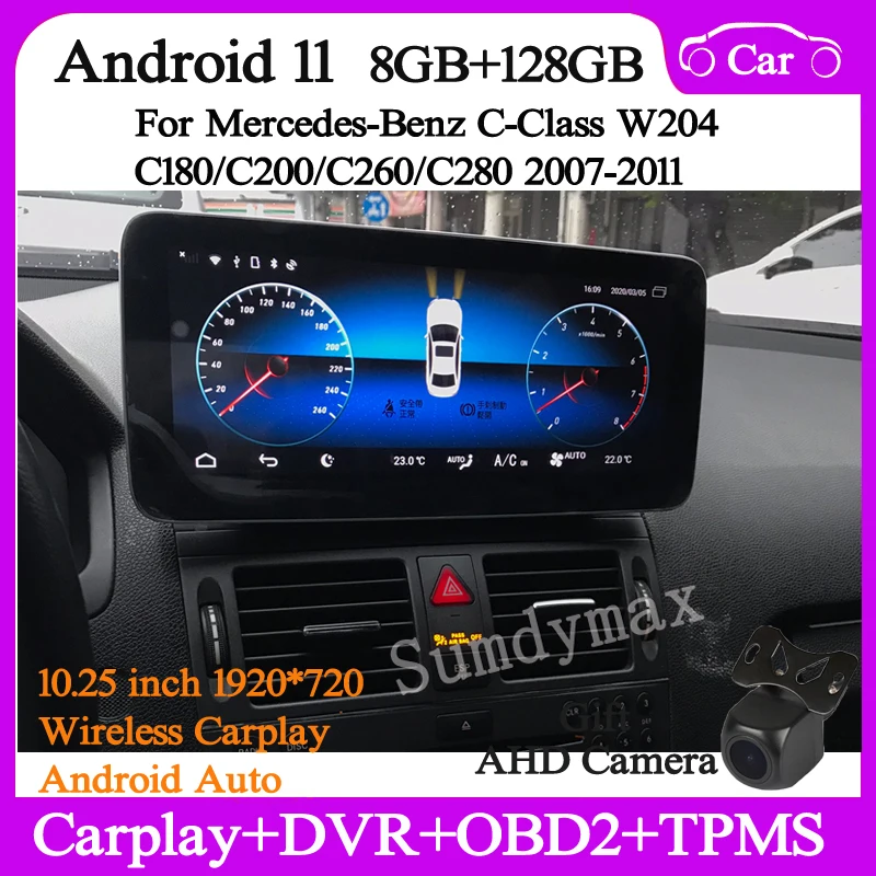 

Автомобильный мультимедийный плеер на Android 12, 10,25 дюйма, для Mercedes-Benz C-W204 C200, C260, C280, 2007-2011, gps-навигация, головное устройство, Авторадио для Carplay