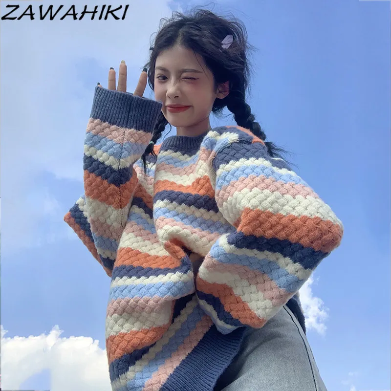 

ZAWAHIKI Japanese Striped Women's Sweater Pullover Loose Outer Wear Lazy Retro Rainbow Sweaters Autumn and Winter Knitted Tops
