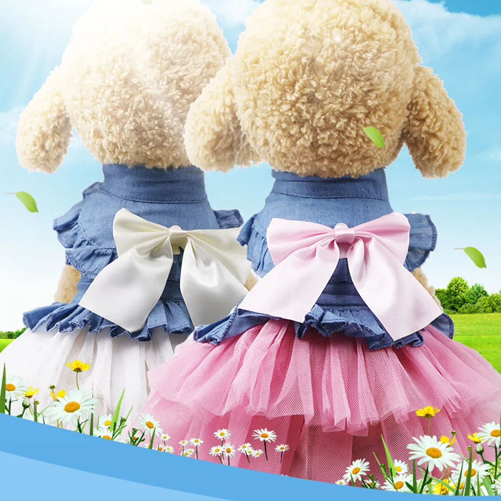 

Puppy Costume Jeans Lace Dog Dress Summer Pet Dog Princess Tutu Clothes Sweetly Princess Teddy Bow Knot Dress For Small Dog
