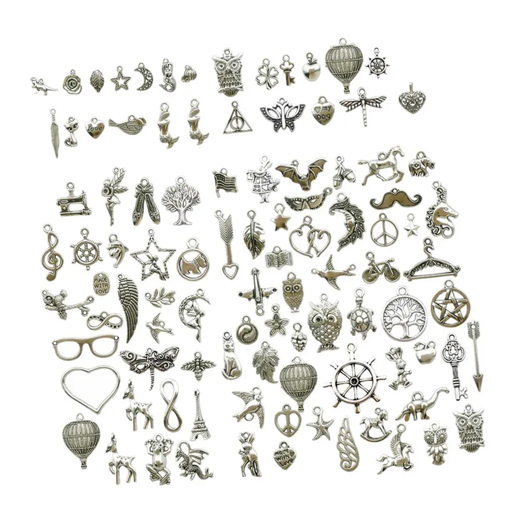 

100 Tibetan Silver Pendants with Mixed Charms to Make Fashion Necklaces