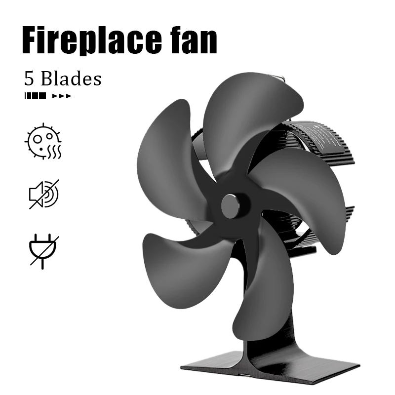 

5 Blade Black Fireplace Heat Powered Stove Fan Wood Burner Eco Friendly Quiet Home Fireplace Fan Efficient Heat Distribution