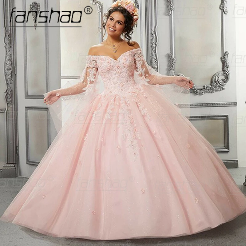 

Fanshao Quinceanera Dress Pink Off The Shoulder Flared Sleeves Shiny Tulle Applique 3D Flore For 15 Girls Ball Gowns Exquisite