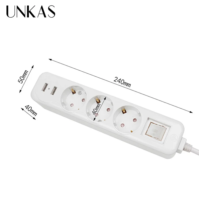 UNKAS Power Strip Dual USB Charge Port 3 AC EU Outlet Socket Extension Plug Button Surge Protector 2M Pure Copper Wire | Обустройство