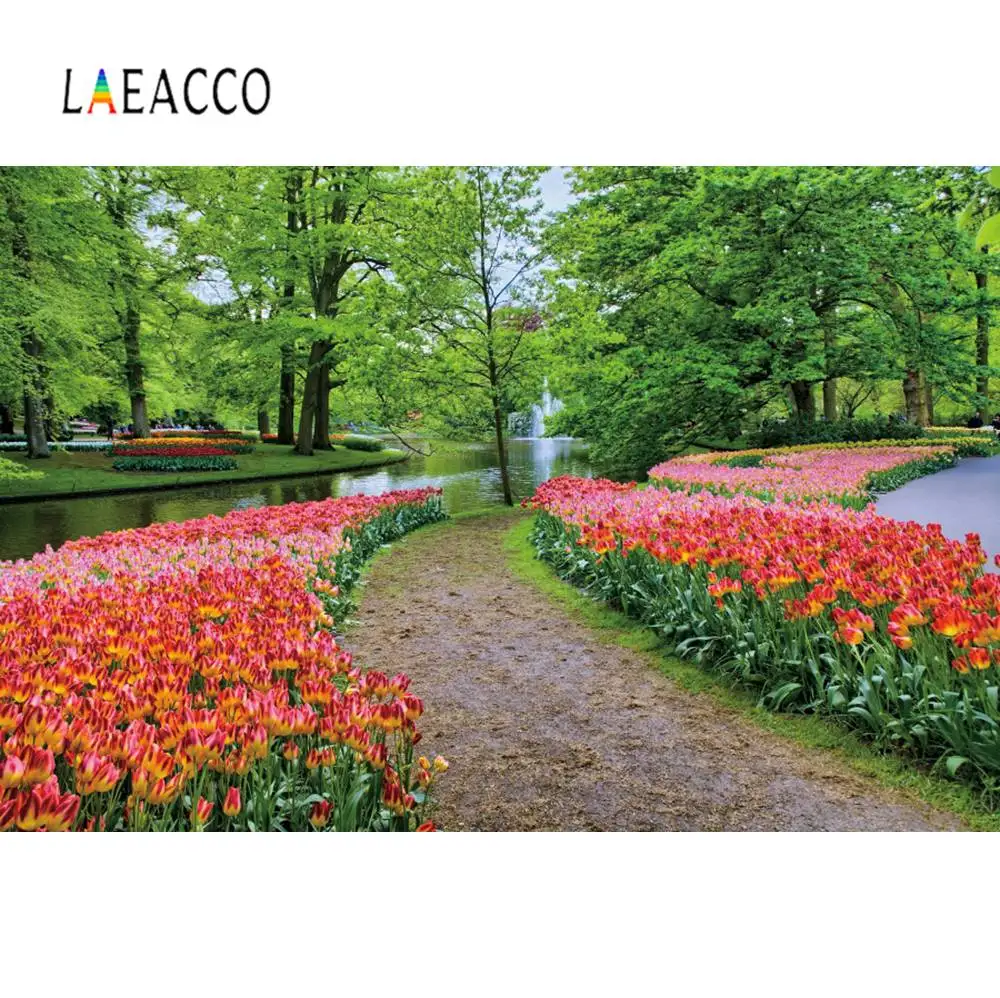 Laeacco фон природа зеленое дерево цветы озеро парк сад путь красивый вид фотографический фон фотосессия Фотостудия