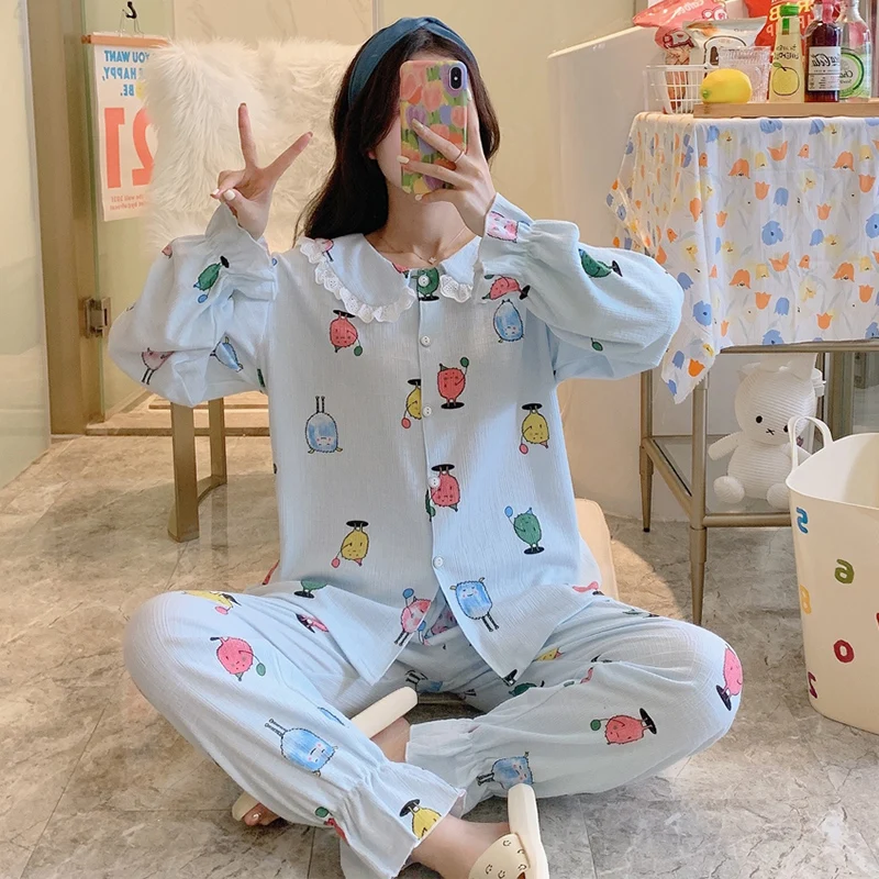 

Harajpee French Pajamas Elegant Temperament New Turn-down Collar Color Contrast Cotton Long Sleeve Pajama Home Wear Suit 2021