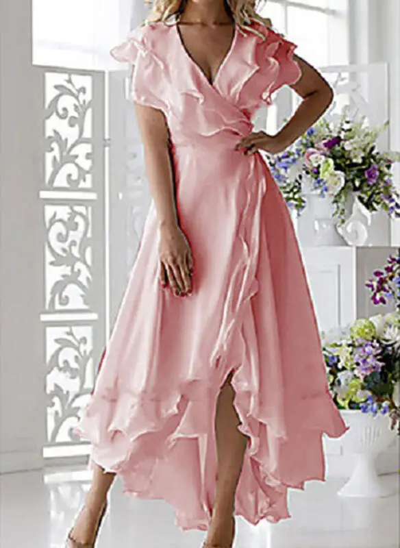 

Elegant ruffle wrap dress Women sexy v neck flying sleeve asymmettical split high low maxi dress white vacation dresses 2021