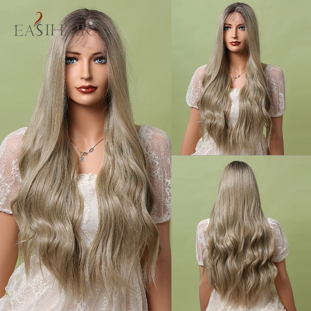 

EASIHAIR Light Brown Lace Front Wigs with Dark Roots Long Water Wave Synthetic Heat Resistant Lace Frontal Hair Wigs for Women