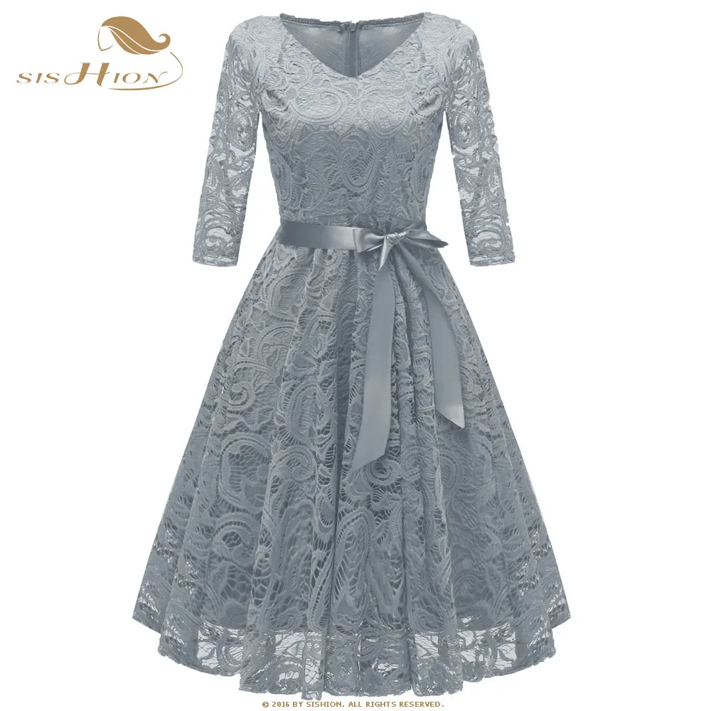 

SISHION Elegant Lace Christmas Party Dress VD0712 Long Sleeve Autumn Women Ladies A Line Lace Dresses Plus Size Women Dress