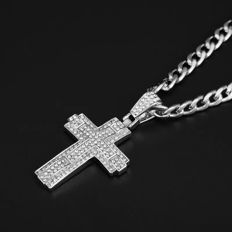 

2021 Silver Color Cross Pendant Chain For Men Tennis With Cross Pendant Necklace Chain Hip Hop Bling Pave Rhinestones Necklace