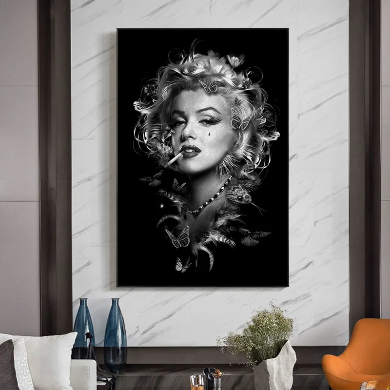 

Black and White Marilyn Monroe Smoking Poster Portrait Canvas Painting Poster and Prints Girl Wall Art Picture for Home Decor
