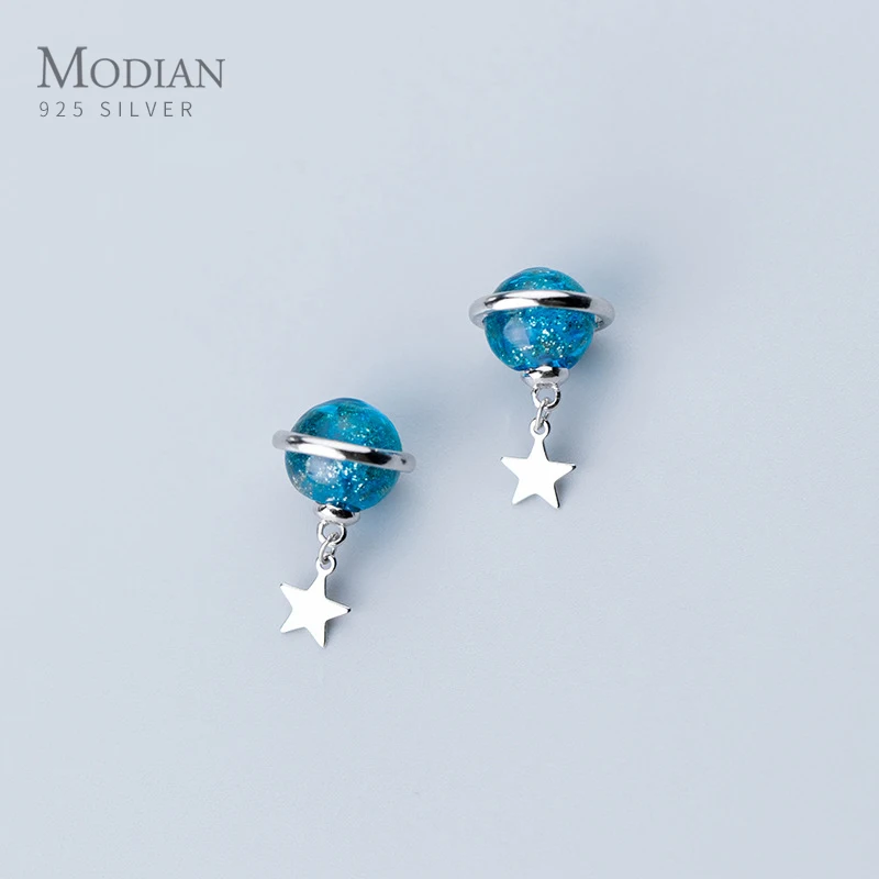 

Modian Blue Crystal Galaxy Planet Earrings for Women 925 Sterling Silver Romantic With Stars Stud Ear Fashion Jewelry Bijoux