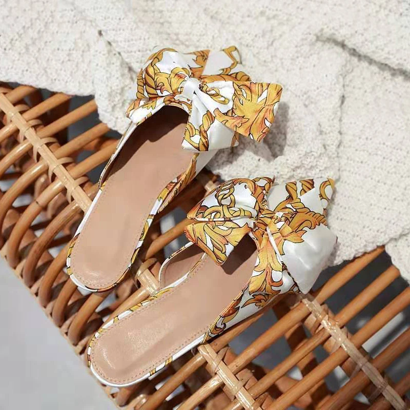 Мюли женские домашние на плоской подошве шлепанцы с бантом бабочкой сланцы