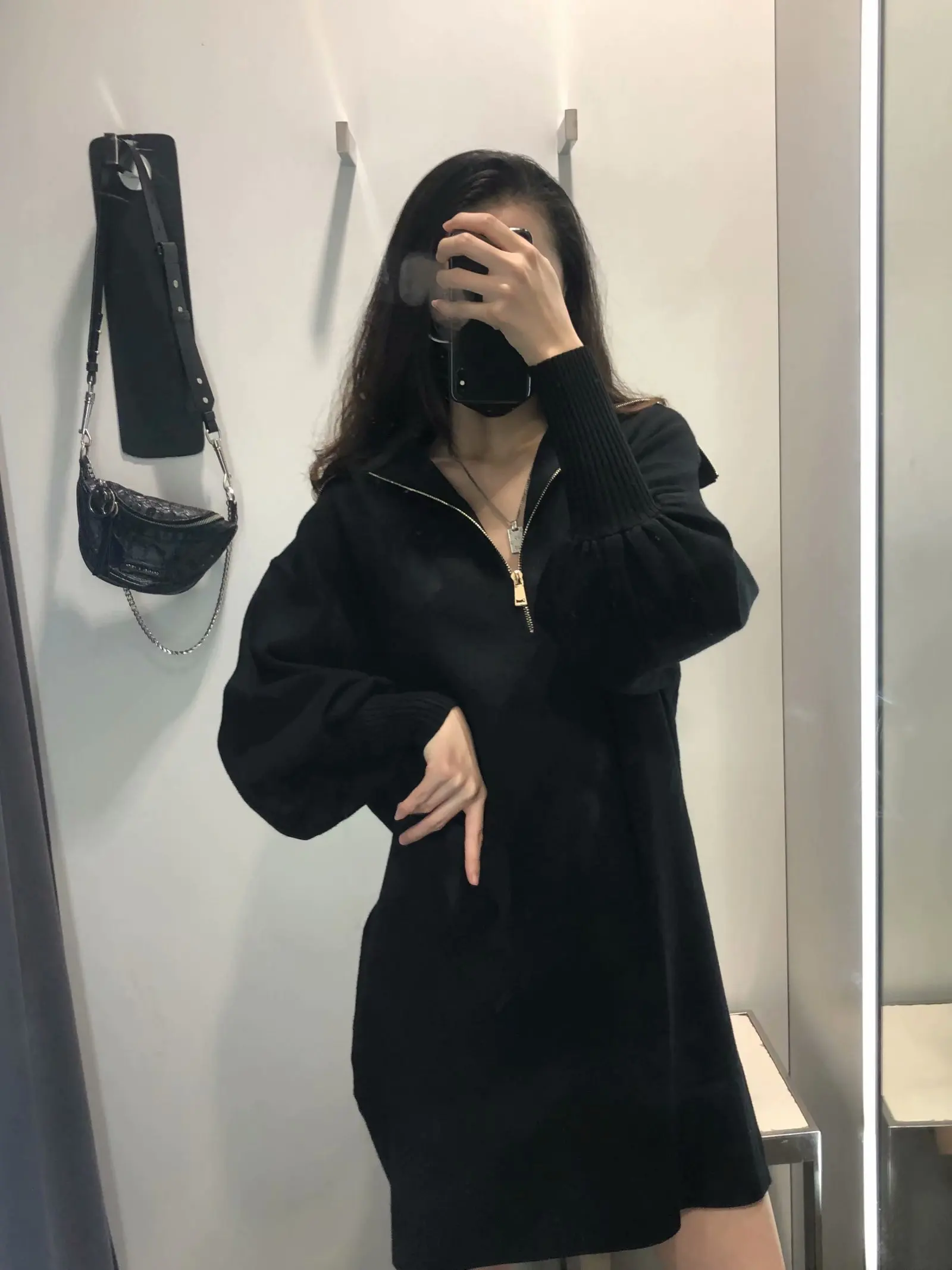 

Za Women Autumn Knitted Dress with Solid Color Turtleneck Zipper Long Sleeve Knitted Sweater Dress Femme Black Long Winter Dress