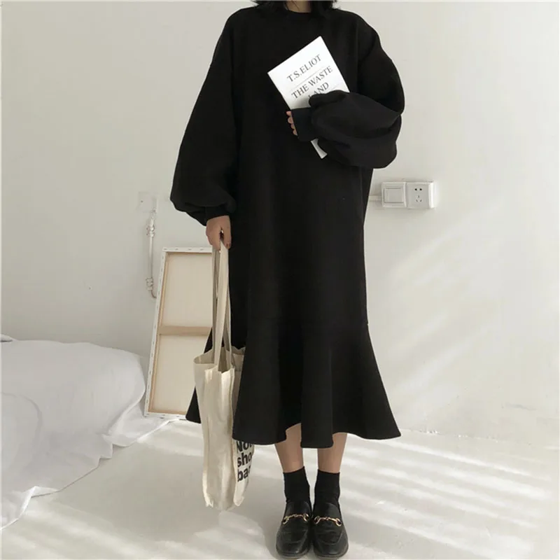 

Autumn Winter Dress Women Loose Oversize Dress Pullovers Female Casual Solid Long Sleeve Trumpet Mermaid Midi Dress