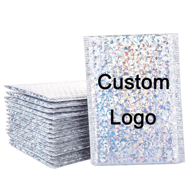 50Pcs Custom Logo Bubble Bag Silver Laser Bubble Mailer Aluminum Foil Padded Envelopes Small Gift Packaging Courier Bags Pouches