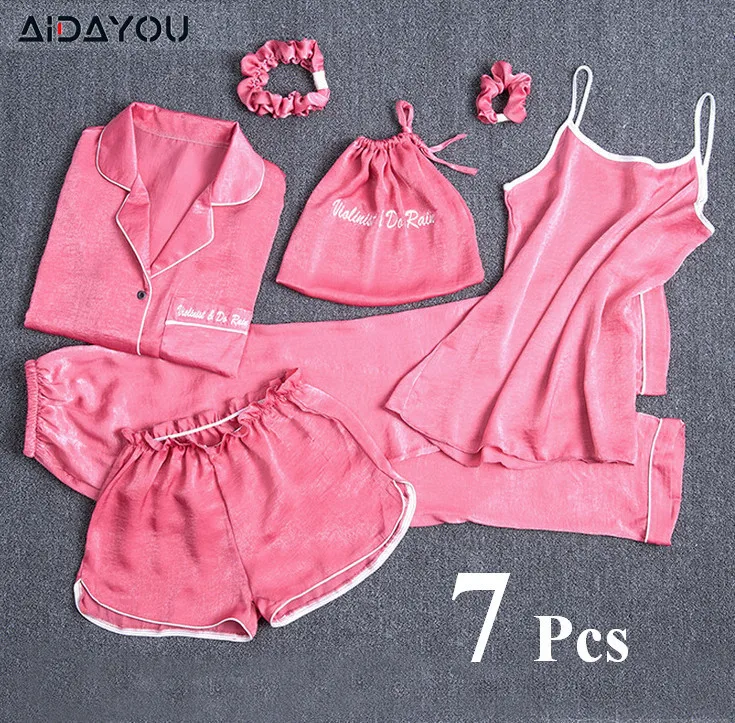 Женская пижама комплект из 7 предметов длинный Атласный топ и штаны с эластичным