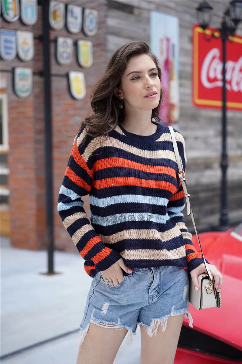 

2019 New Style Sweater Striped O Neck Crew Neck Elegant Commute Loose-Fit Long-Sleeve INS Fashion Sweater Women's