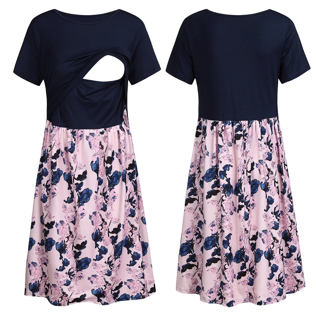 navy blue Летнее платье для грудного вскармливания с коротким рукавом для беременных женщин; Платье с принтом для грудного вскармливания; Пижама с юбкой; женская одежда для беременных - Цвет: navy blue