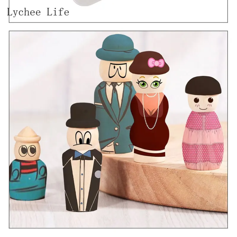 Lychee Life 10Pcs/set Peg Dolls Unfinished Wooden People Craft Family Set Handmade Accessories Figures Doll Bodies Home Decor - купить по