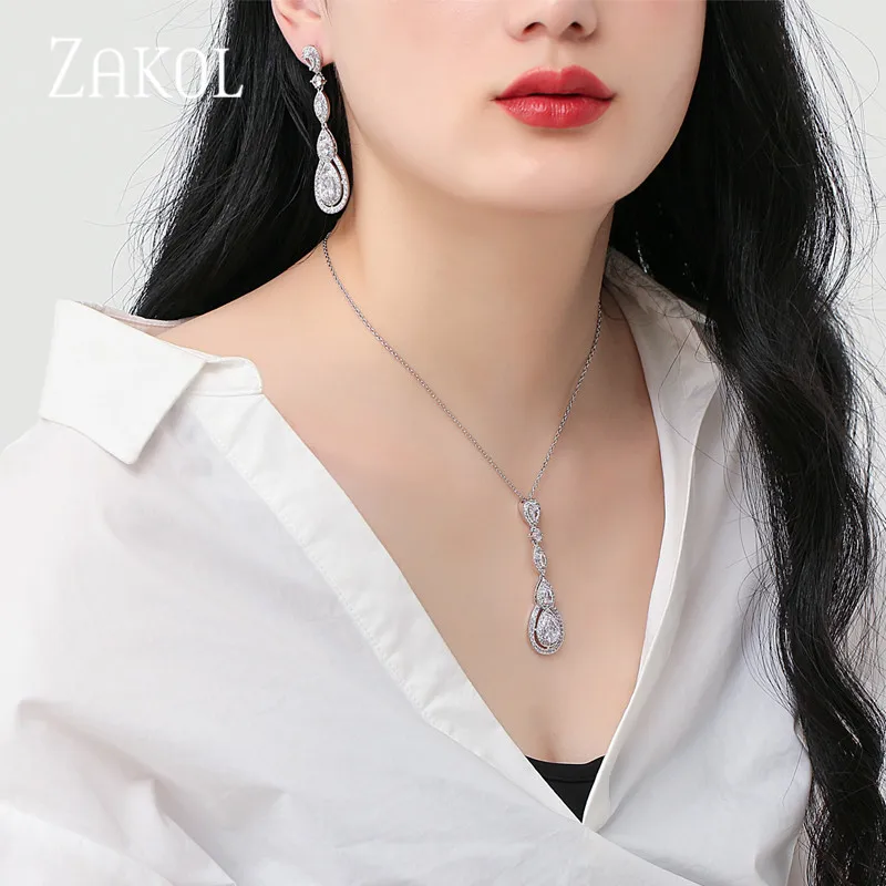 Роскошные Длинные подвески и ожерелья ZAKOL с кубическим цирконием грушевидной