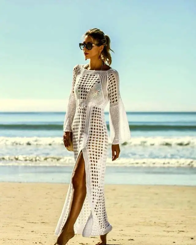 Hollow Long-sleeved Knitted Blouse Swim Suit Cover Up Beach Polyester Summer on Vacation Long Skirt Blouse Knitted Skirt 2019