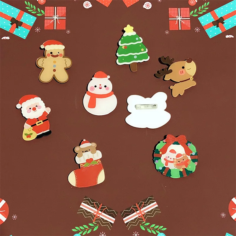 

10 Pcs/Lot Acrylic Badge Cartoon Cute Santa Brooch Christmas Day Gift Bag Accessories Small Pendant Can Be Customized