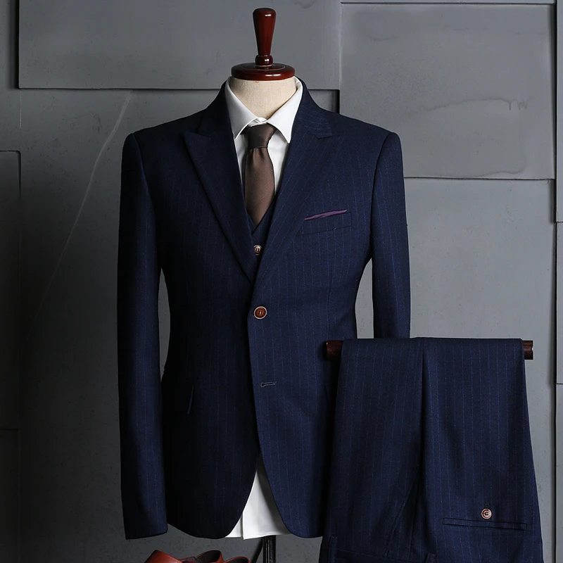 

OIMGMen's suit three-piece suit, blue striped suit, casual business suit, young men's small suit
