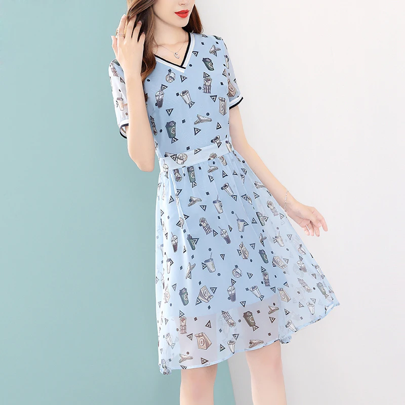 Женское шифоновое платье Only Plus синее ТРАПЕЦИЕВИДНОЕ ПЛАТЬЕ до колена с v образным