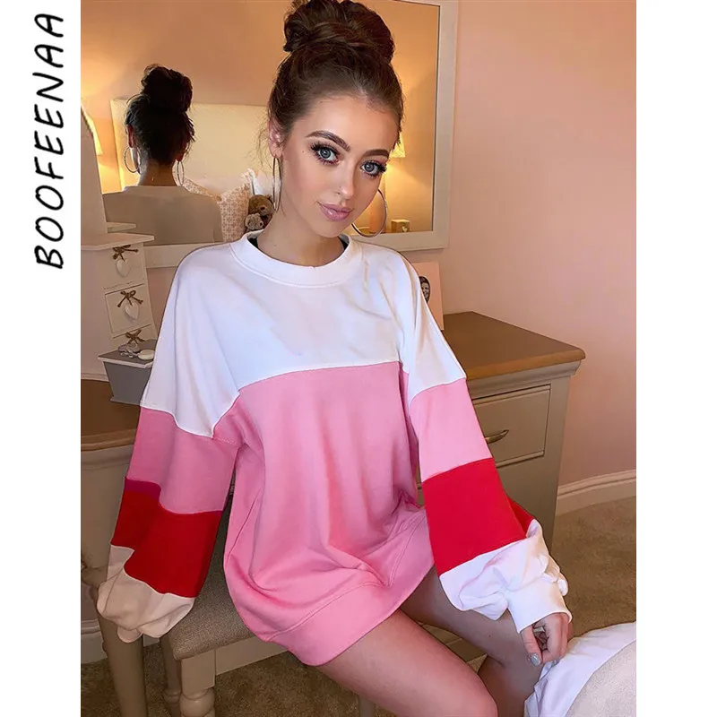 BOOFEENAA модный розовый цвет блок негабаритных толстовка Уличная Повседневная
