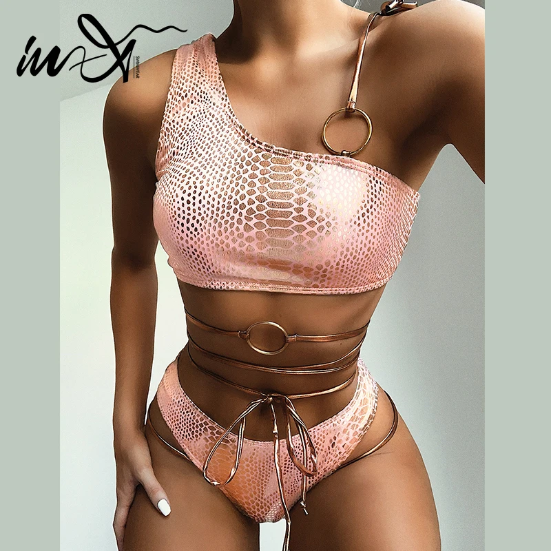 In-X женский купальник на одно плечо блестящее розовое бикини со змеей 2020 стринги