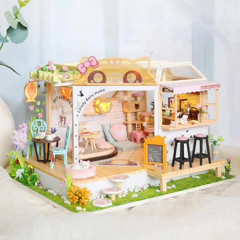 

NEW DIY Wooden Doll House Miniature Furniture With LED Light Kit Cat Coffee Dollhouses Assemble Toy Children Birthday Gift Casa