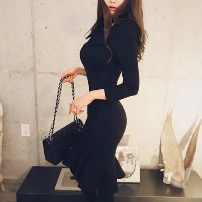 Черное обтягивающее платье 2019 осеннее Новое высококачественное женское модное