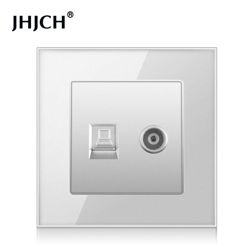 jhjch crystal glass panel wall socket with cat6 rj45 internet computer data socket tv tel weak current socket free global shipping