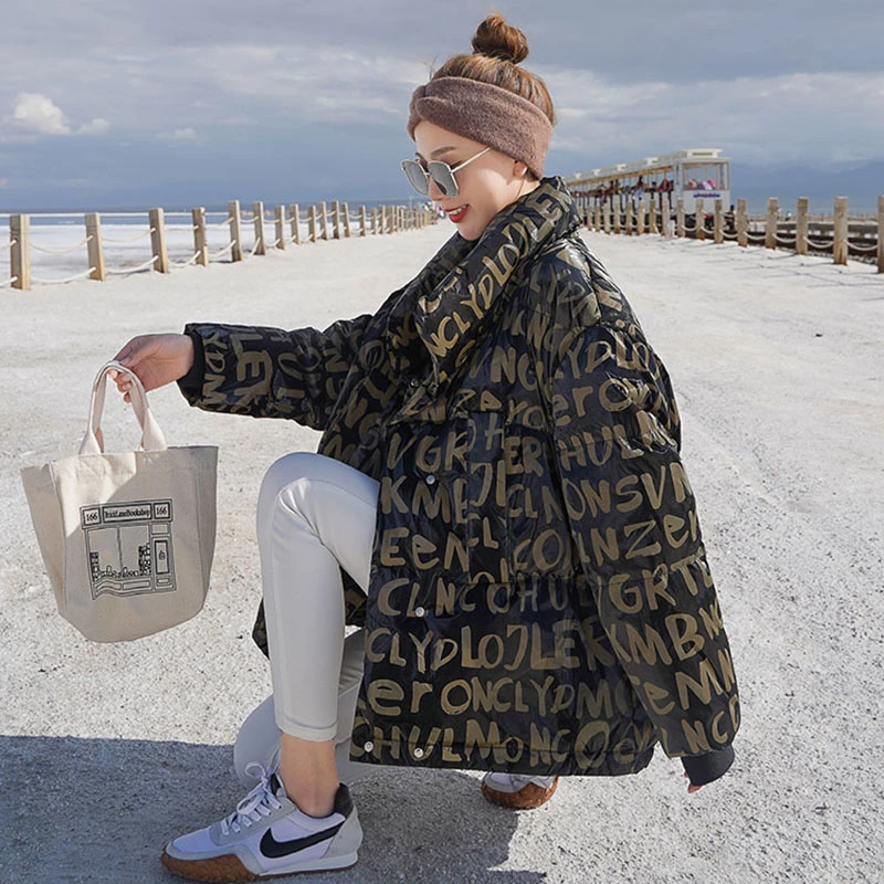 

ZURICHOUSE Oversized Winter Down Jacket Women Warm Stand-up Collar Parka 2021 Personality Letter Print Design Down Coat Female