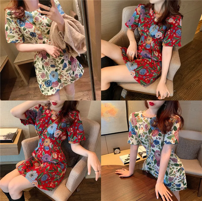 

Thick Mini Dresses for Women Autumn Short Sleeve Floral Dress Woman Vestidos