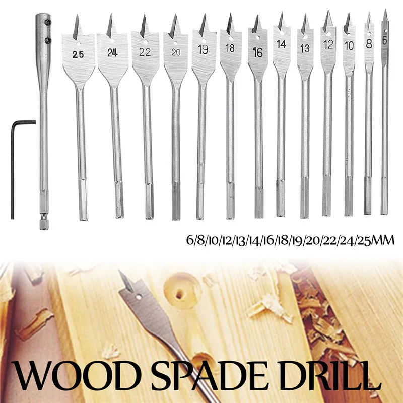 

15Pcs Full Carbon Steel Hex Shank Spade Flat Wood Drill Bit Set For Metal 6-25Mm High Steel Wood Drilling Power Tools Accessory