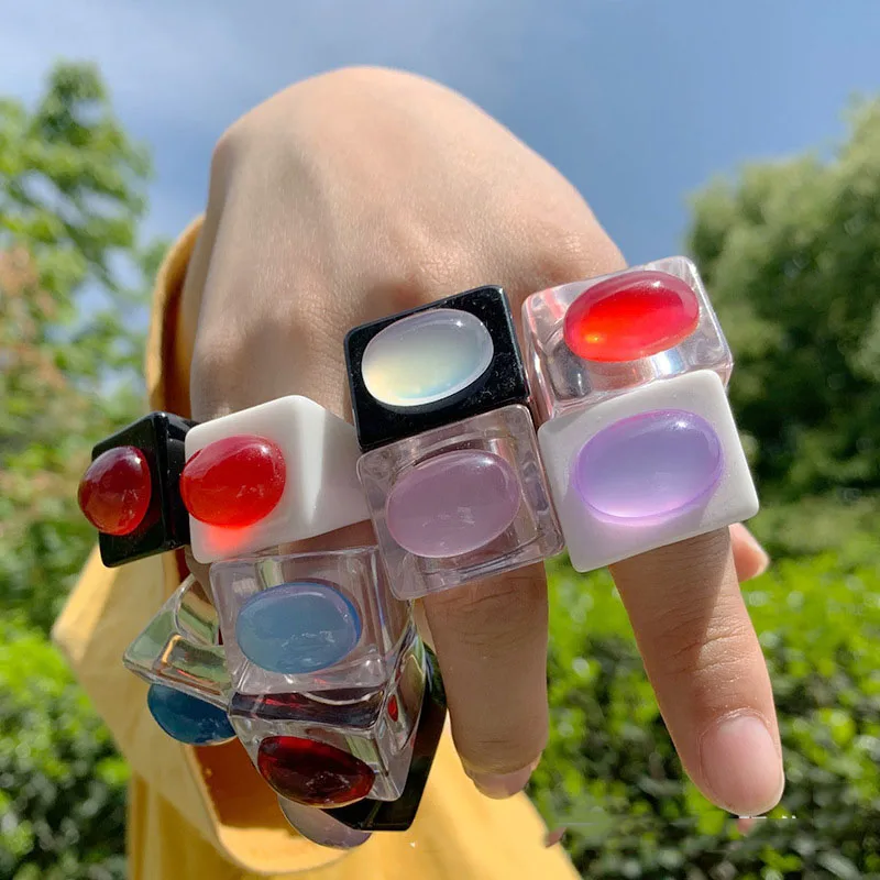

Punk Colorful Resin crystal Transparent Finger Rings For Girls Women Fashion Geometric Oval Big Large Rings Engagement Jewelry