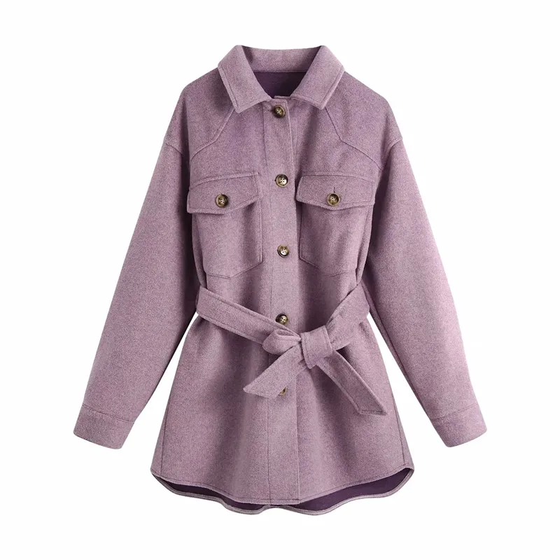 

Vogue Winter Women Fashion Double Side Woolen Za Purple Loose Jackets Outwear With Belt Female Elegant Pockets Warm Coats Chic
