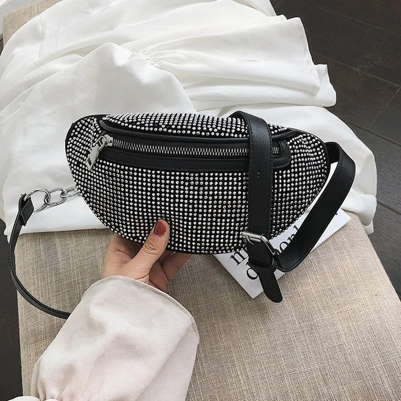 Silver Waist Bag Новинка, Женские поясные сумки с бриллиантами, Женская поясная сумка, модная нагрудная сумка, банановые стразы, на цепочке, через плечо, сумки на ремне - Цвет: Silver Waist Bag