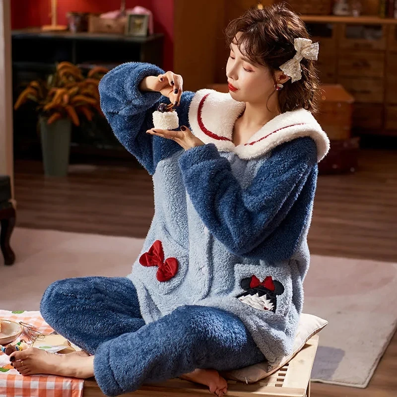 2021 Autumn Winter Long-Sleeved Coral Velvet Pajamas Women Winter Thick Sweet Cute  Ladies Home Service Suit Student Pijama