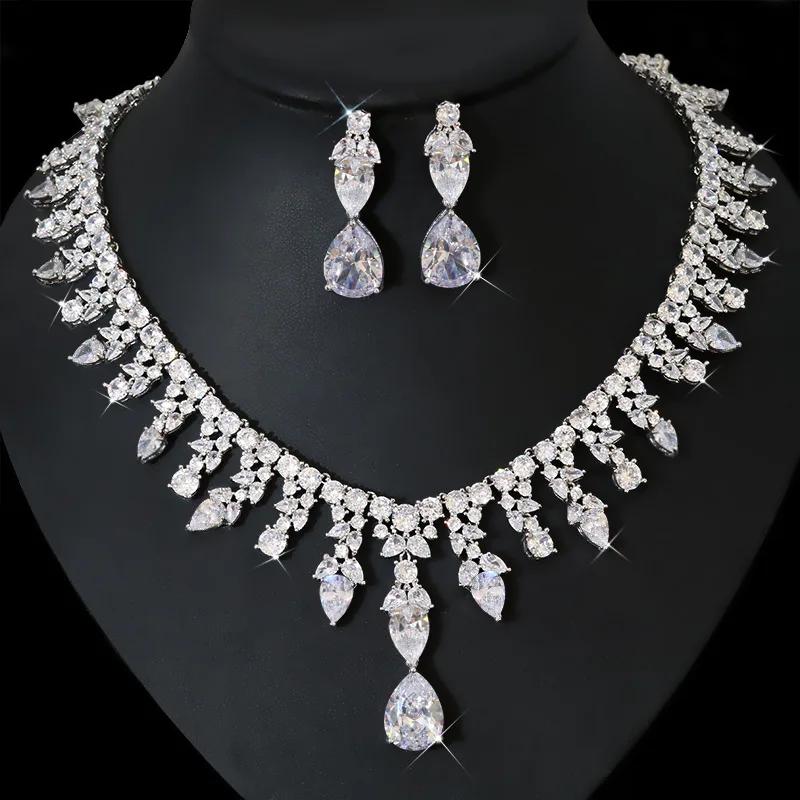 HIBRIDE Dangle Drop Dubai Zircon Necklace and Earring Sets Water Drop Women Bridal Jewelry Set Wedding Dress Accessories N-1237