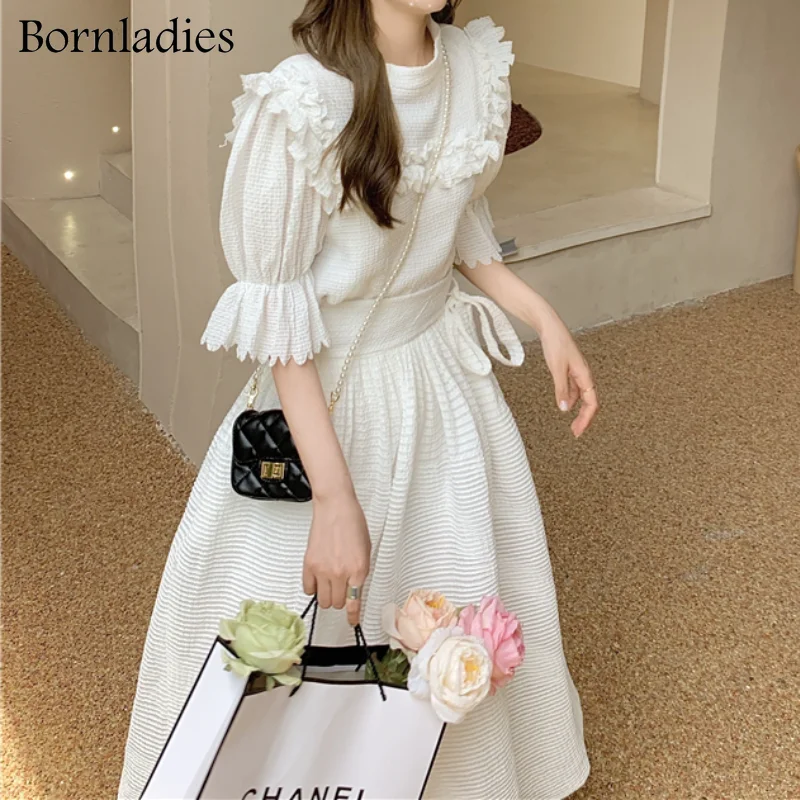 

Bornladies Stylish Women Edible Tree Fungus Ripple Shirts + High Waist Long Skirts 2 Pieces Set Girls Sweet Palace Skirt Suits