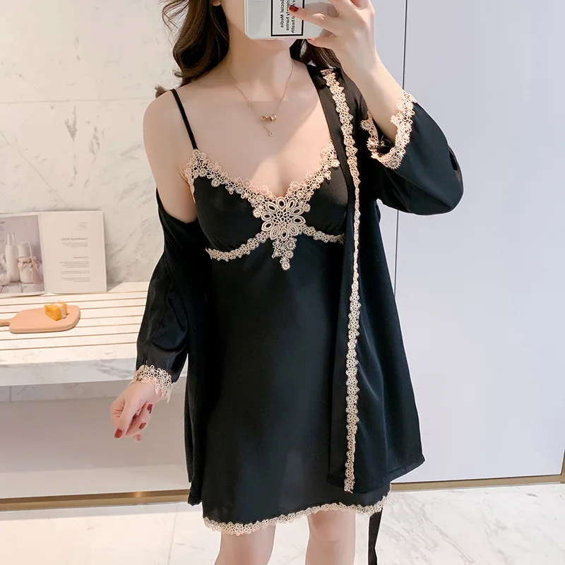 

2PCS Wedding Robe Set Female White Lace Trim Nightgown Sleepwear Sexy Loose Casual Bathrobe Faux Silk Satin Loungewear Homewear