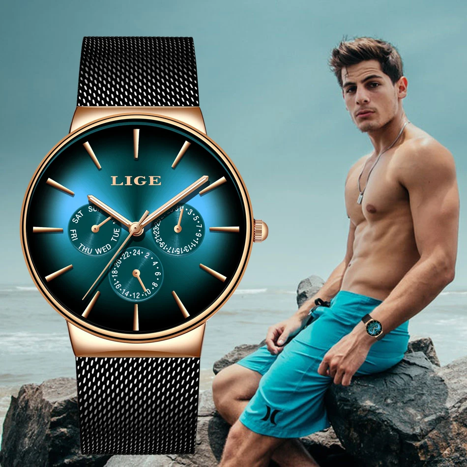 

Часы наручные LIGE мужские с сетчатым ремешком, креативные брендовые люксовые повседневные кварцевые спортивные с коробкой, из нержавеющей с...